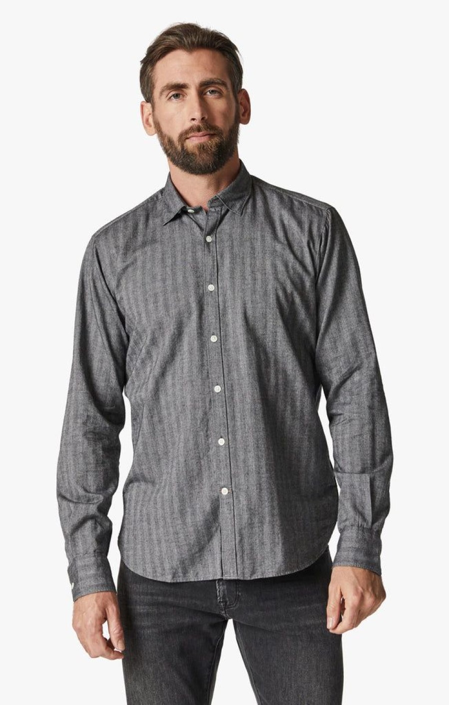 Shirts 34 Heritage | Herringbone Shirt In Anthracite Melange