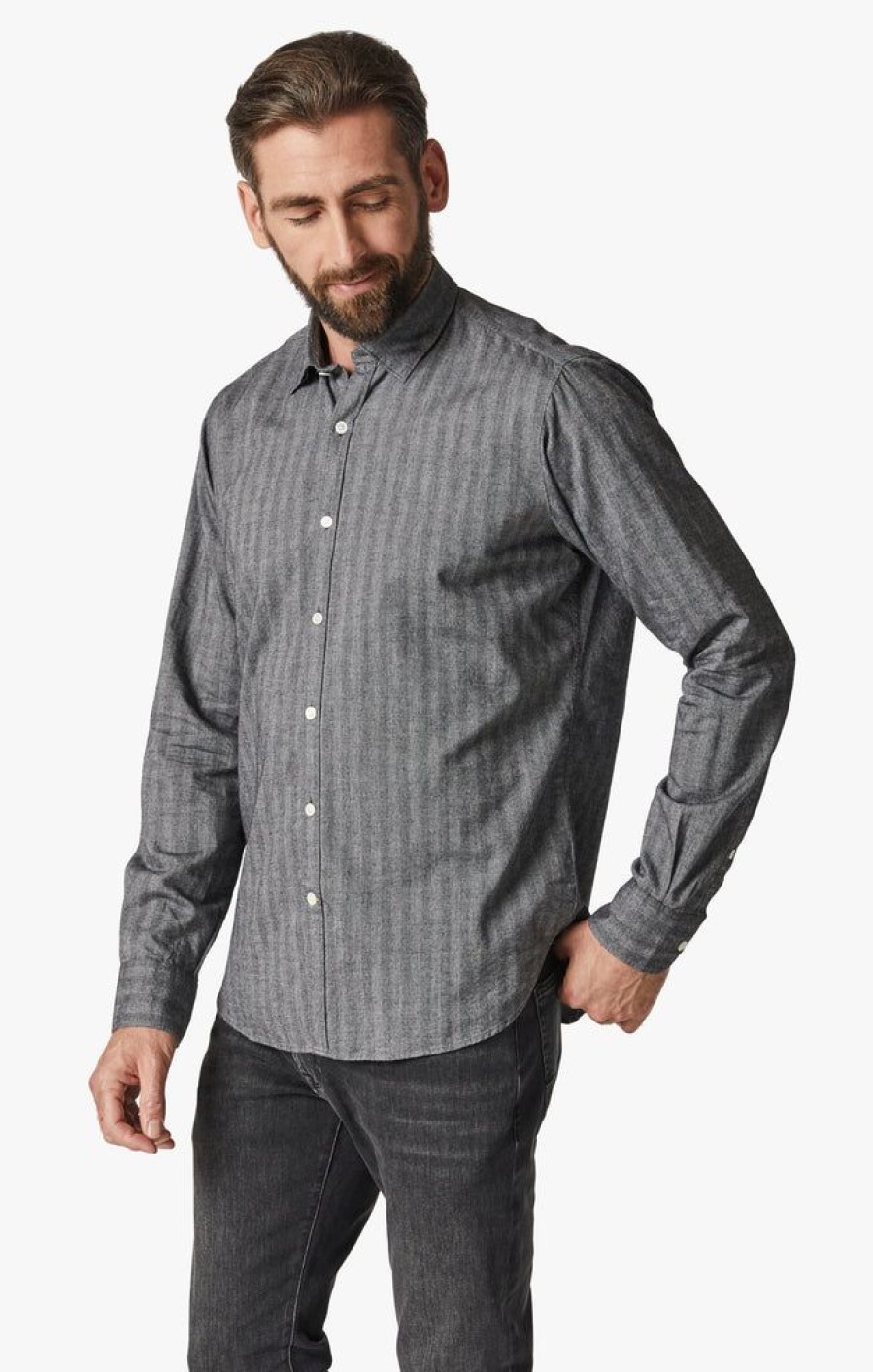 Shirts 34 Heritage | Herringbone Shirt In Anthracite Melange