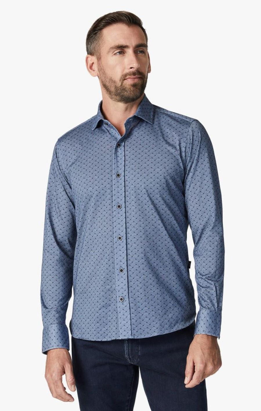 Shirts 34 Heritage | Leaf Design Shirt In Indigo Melange