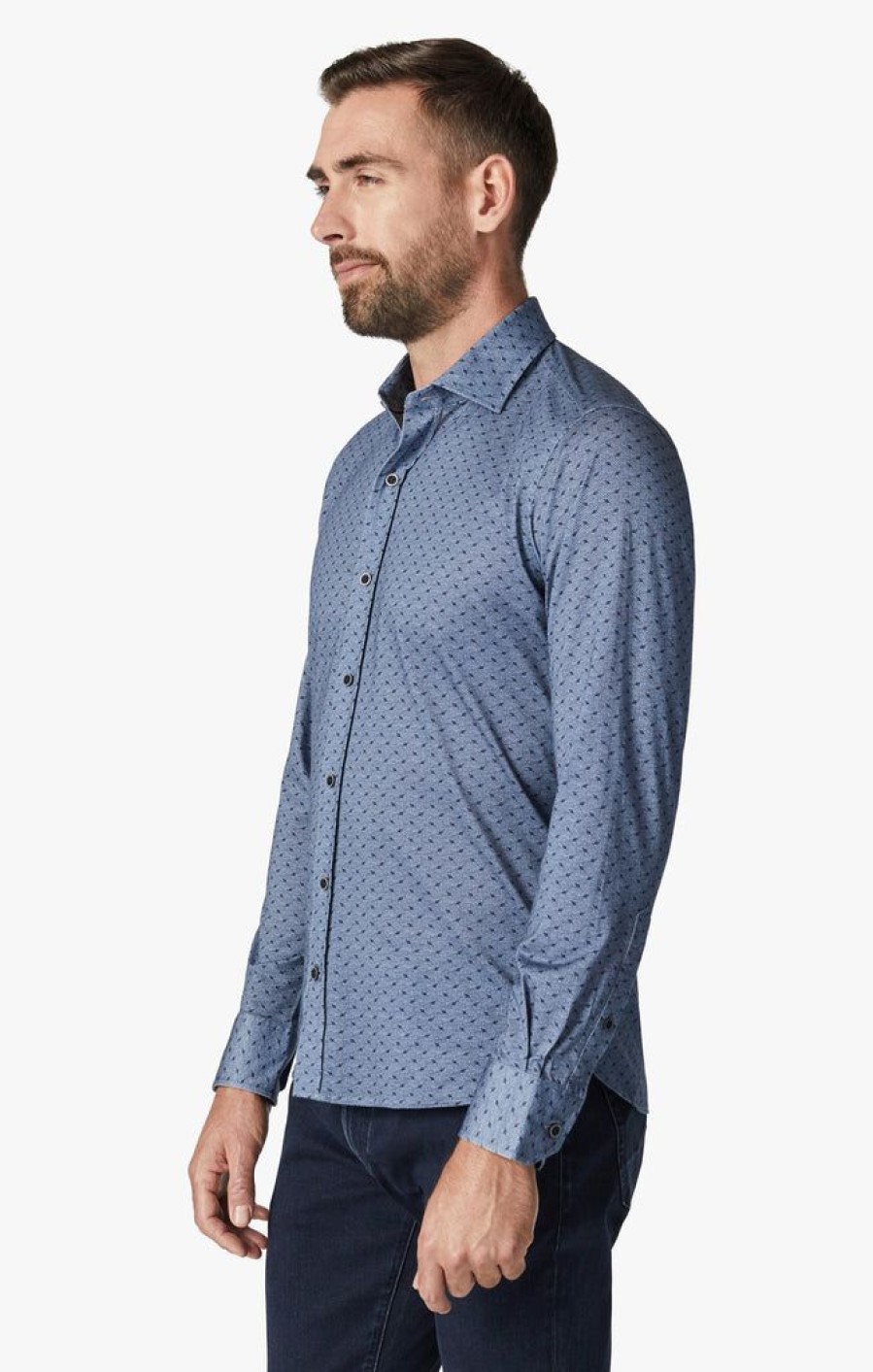 Shirts 34 Heritage | Leaf Design Shirt In Indigo Melange